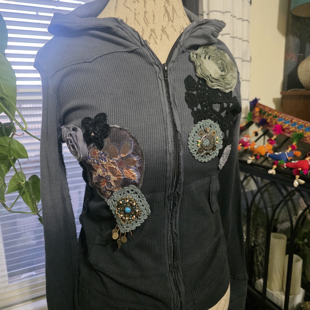 Awake Couture Waffle Thermal Zip Up Embellished Crochet Floral